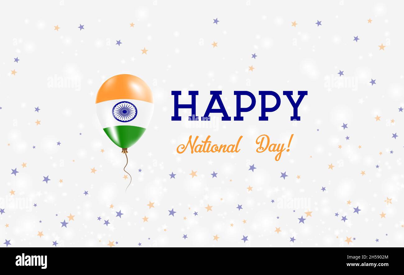 Patriotisches Plakat zum Nationalfeiertag Indiens. Fliegender Gummiballon in den Farben der indischen Flagge. Indien National Day Hintergrund mit Ballon, Konfetti, Sterne, Stock Vektor