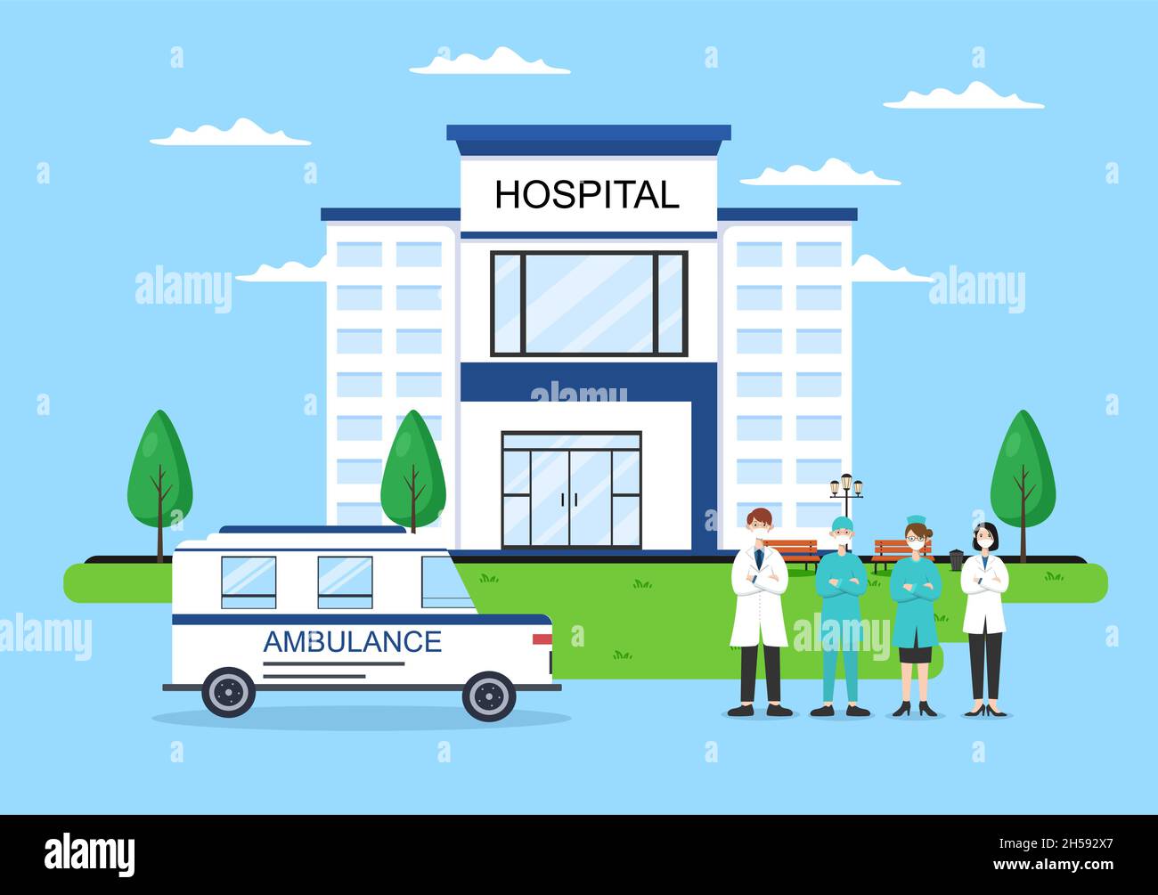 Krankenhausgebäude für das Gesundheitswesen Hintergrund Vektor Illustration mit, Ambulanz Auto, Arzt, Patient, Krankenschwestern und Medical Clinic Exterior Stock Vektor