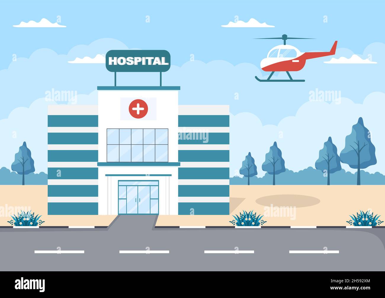 Krankenhausgebäude für das Gesundheitswesen Hintergrund Vektor Illustration mit, Ambulanz Auto, Arzt, Patient, Krankenschwestern und Medical Clinic Exterior Stock Vektor
