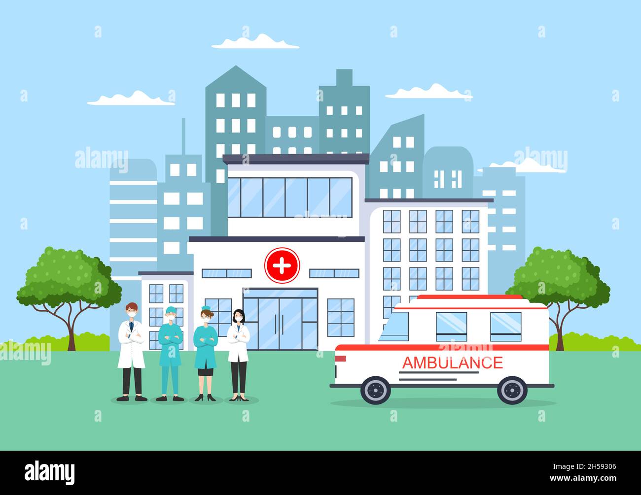 Krankenhausgebäude für das Gesundheitswesen Hintergrund Vektor Illustration mit, Ambulanz Auto, Arzt, Patient, Krankenschwestern und Medical Clinic Exterior Stock Vektor