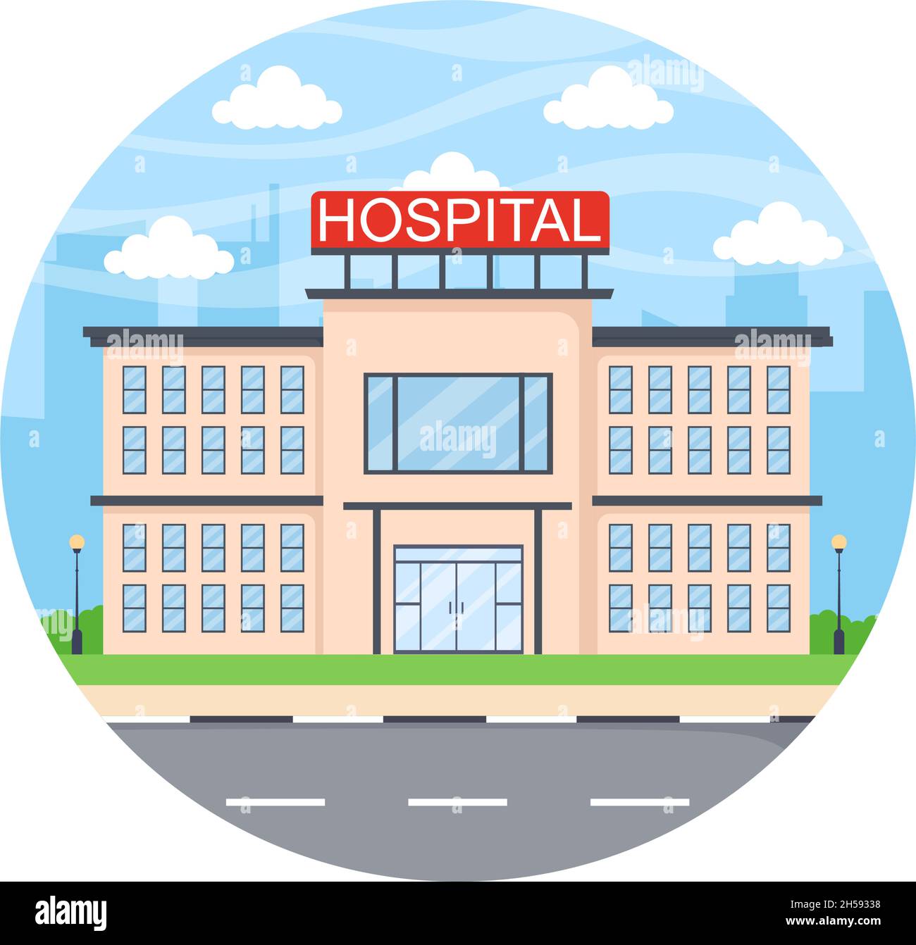 Krankenhaus Gebäude für Healthcare Cartoon Hintergrund Vektor Illustration mit, Ambulanz Auto, Arzt, Patient, Krankenschwestern und Medical Clinic Exterior Stock Vektor