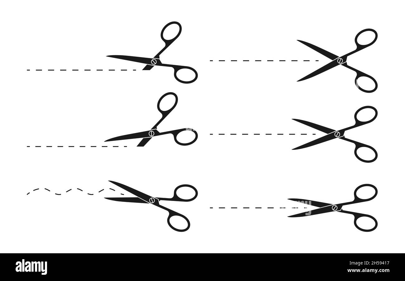 Schwarze Glyphe mit Trimmlinien-Symbol. Satz von einfachen Vorlage von offenen Scheren mit dünnen gepunkteten Linie Rand zum Schneiden Rabatt-Coupon. Schneiden Sie Papier oder marck isoliert auf weißer Vektorgrafik aus Stock Vektor