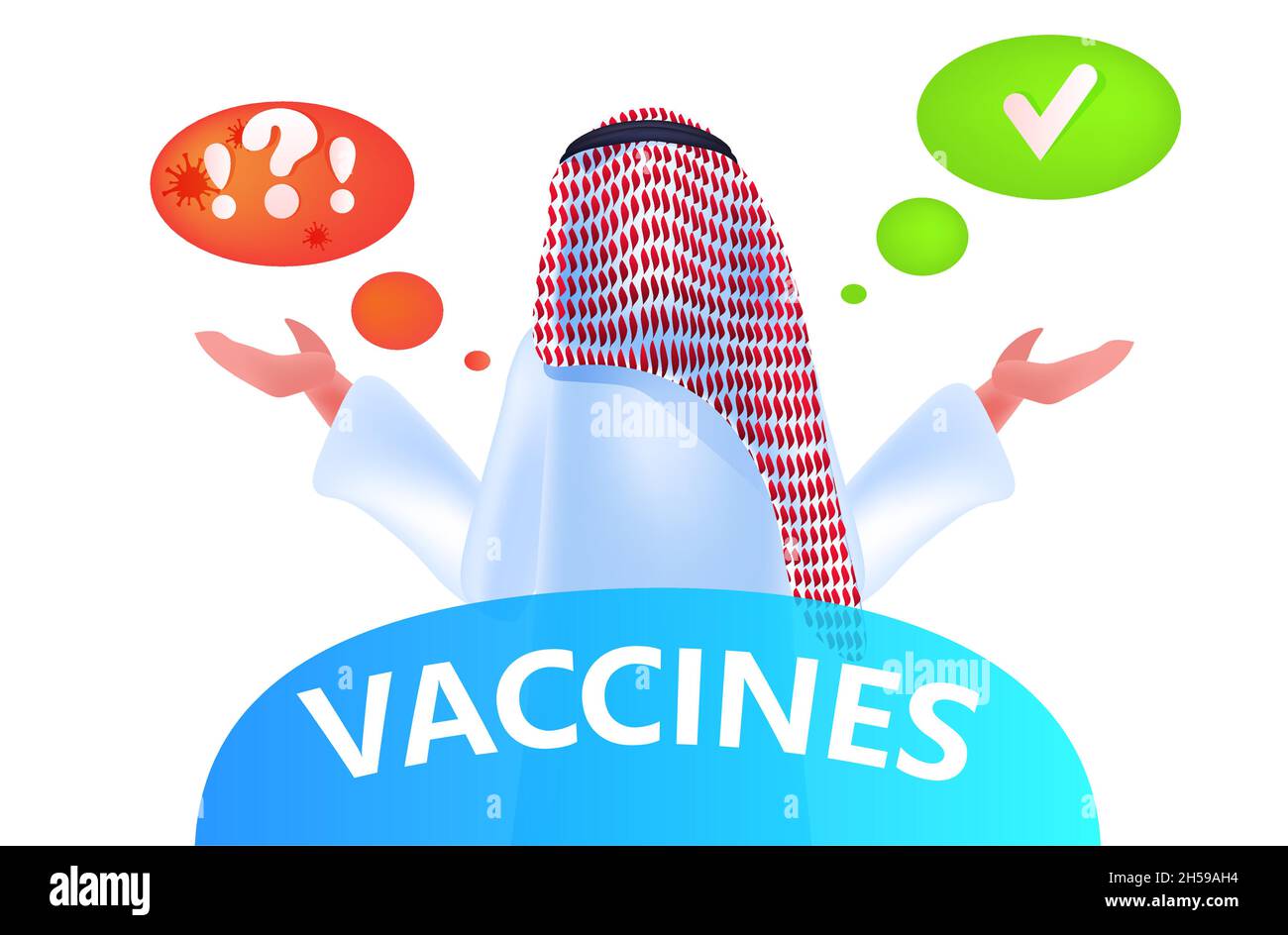 arabischer Mann trifft Entscheidung Denken über covid-19 Impfkonzept Porträt horizontal Stock Vektor