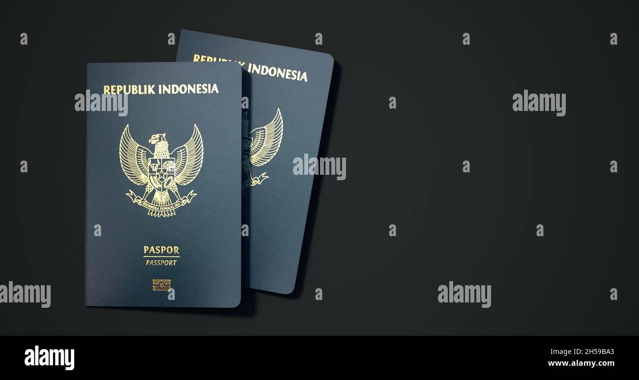 Indonesischer Reisepass. Reisepass aus verschiedenen Ländern mit dunklem Hintergrund 3d-Rendering. Stockfoto