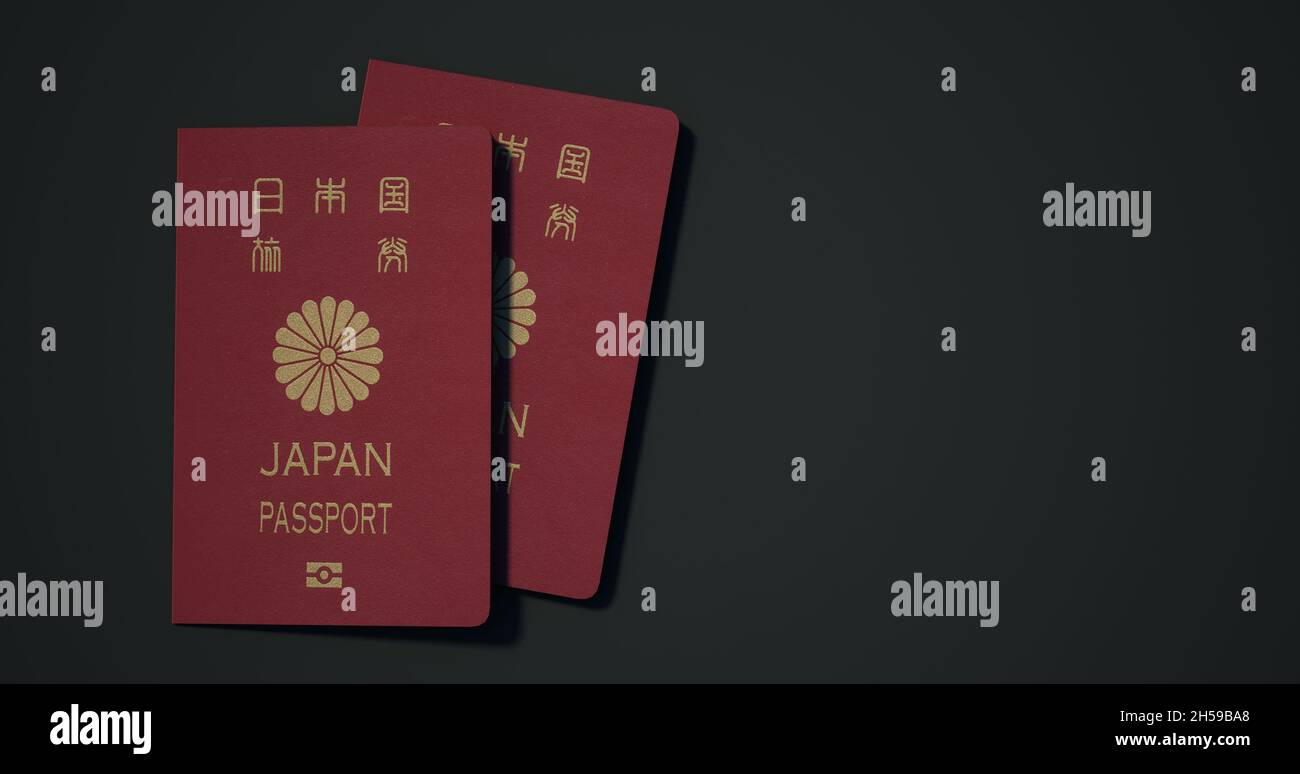 Japan-Pass. Reisepass aus verschiedenen Ländern mit dunklem Hintergrund 3d-Rendering. Stockfoto