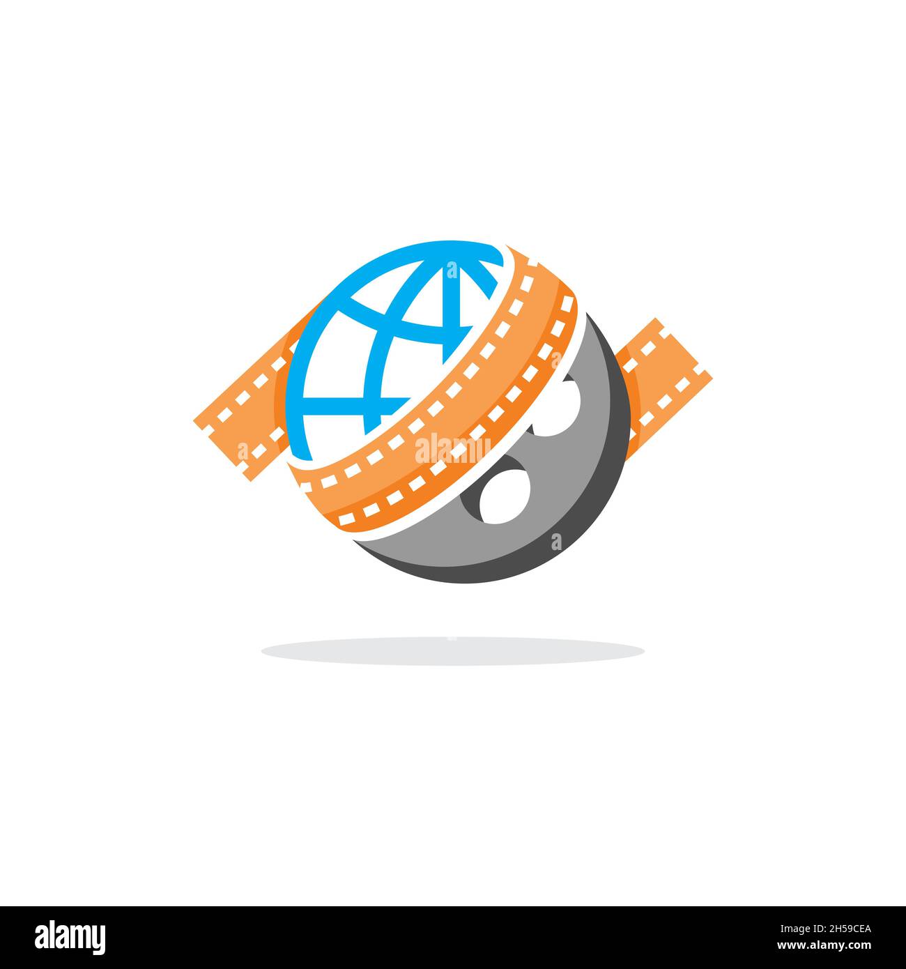 vektor-Illustrationen. Das Erde-Logo mit dem Film-Logo umhüllt. Stock Vektor