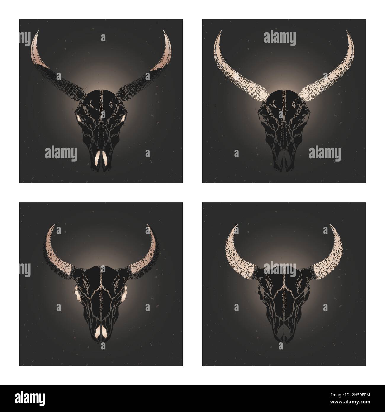 Vektor-Set aus vier Illustrationen mit handgezeichneten schwarzen Silhouetten Schädel wilden Büffel und Stier mit goldenen Elementen auf dunklem Hintergrund. Stock Vektor