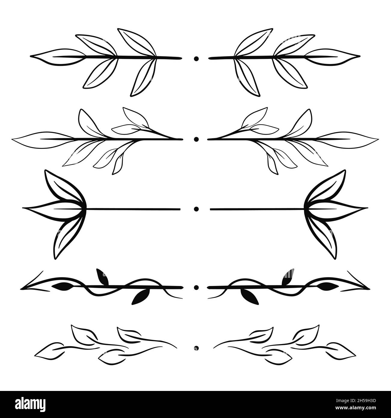 Satz von Textzeichern, Handzeichnung. Botanische Kartentrenner mit Blättern und Zweigen. Sammlung von Schmuck zum Schreiben, Vektor-Illustration. Stock Vektor
