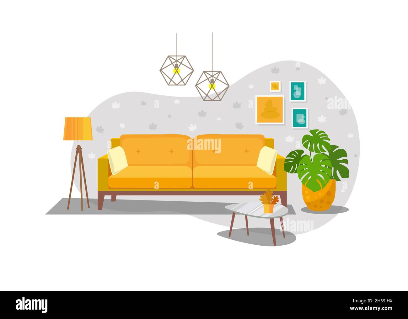 Komfortables Wohnzimmer mit Sofa, Komfort-Wohnzimmerelemente, Gelbes Sofa mit Kissen, modernes Sofa zum Entspannen Stock Vektor