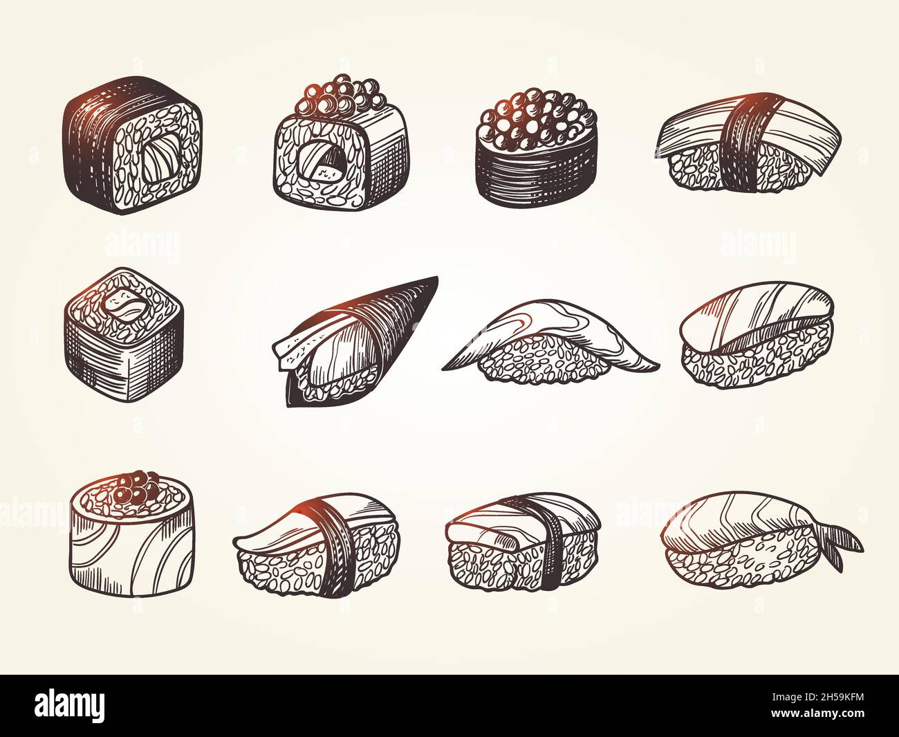 Sushi-Skizze. Handgezeichnete authentische asiatische Lebensmittel aus Fischen toro kani philadelphia Rollen mit Reis jüngsten Vektor-Produkte Illustration isoliert Stock Vektor