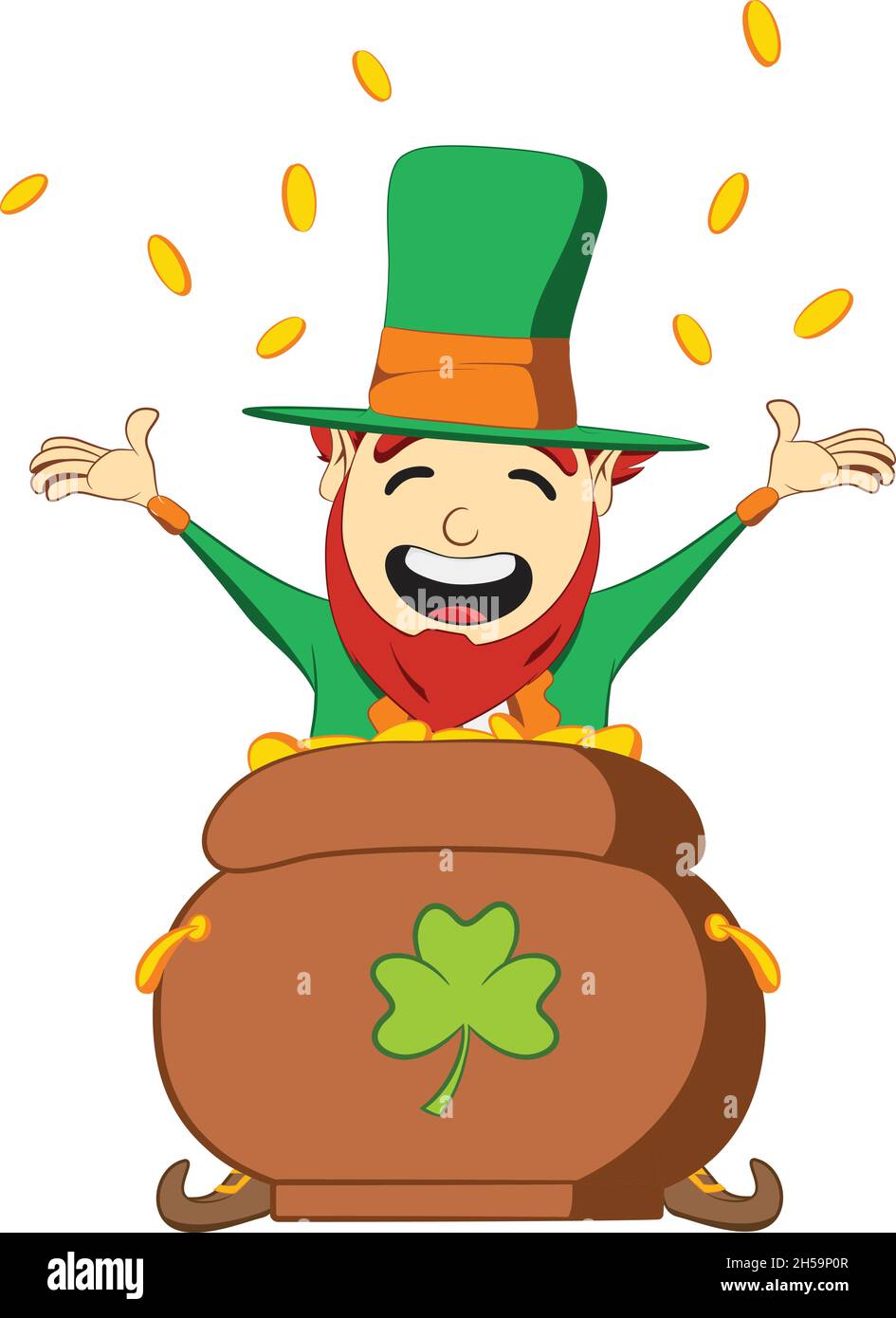 Saint Patricks Day Kobold Charakter. Sitzt in einem Topf mit Goldmünzen, die vom Himmel fallen. Green Suite Kobold feiert irisches Festival. Stock Vektor