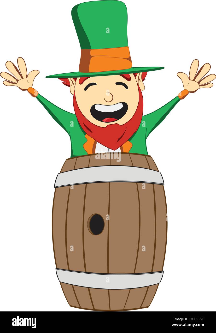 Saint Patricks Day Kobold Charakter. Kobold springt aus einem Fass. Green Suite Kobold feiert irisches Festival. Stock Vektor