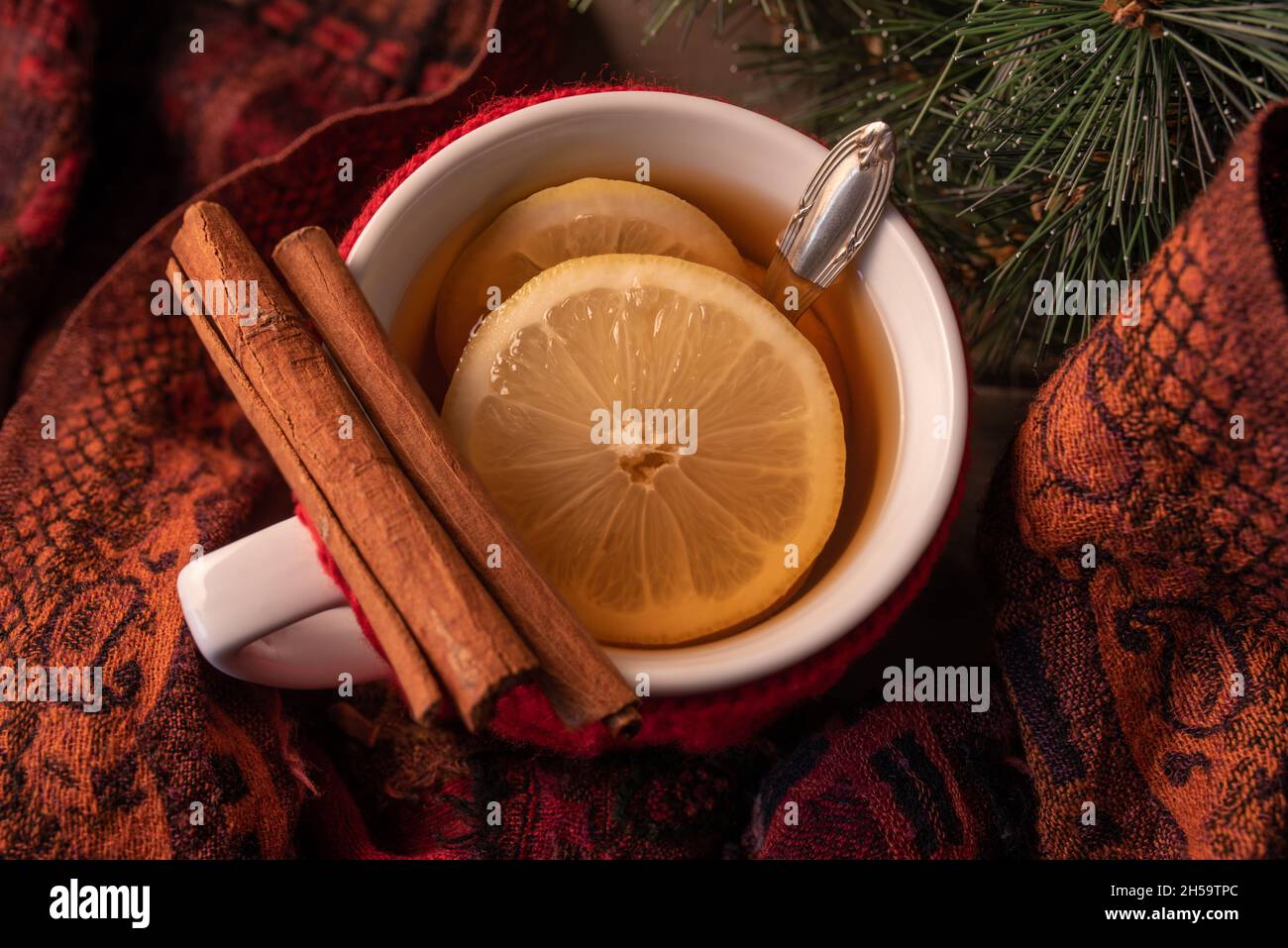 Herbst- oder Winteransicht von Zimt, Zitronen, heißem Tee mit warmem Schal. Stockfoto