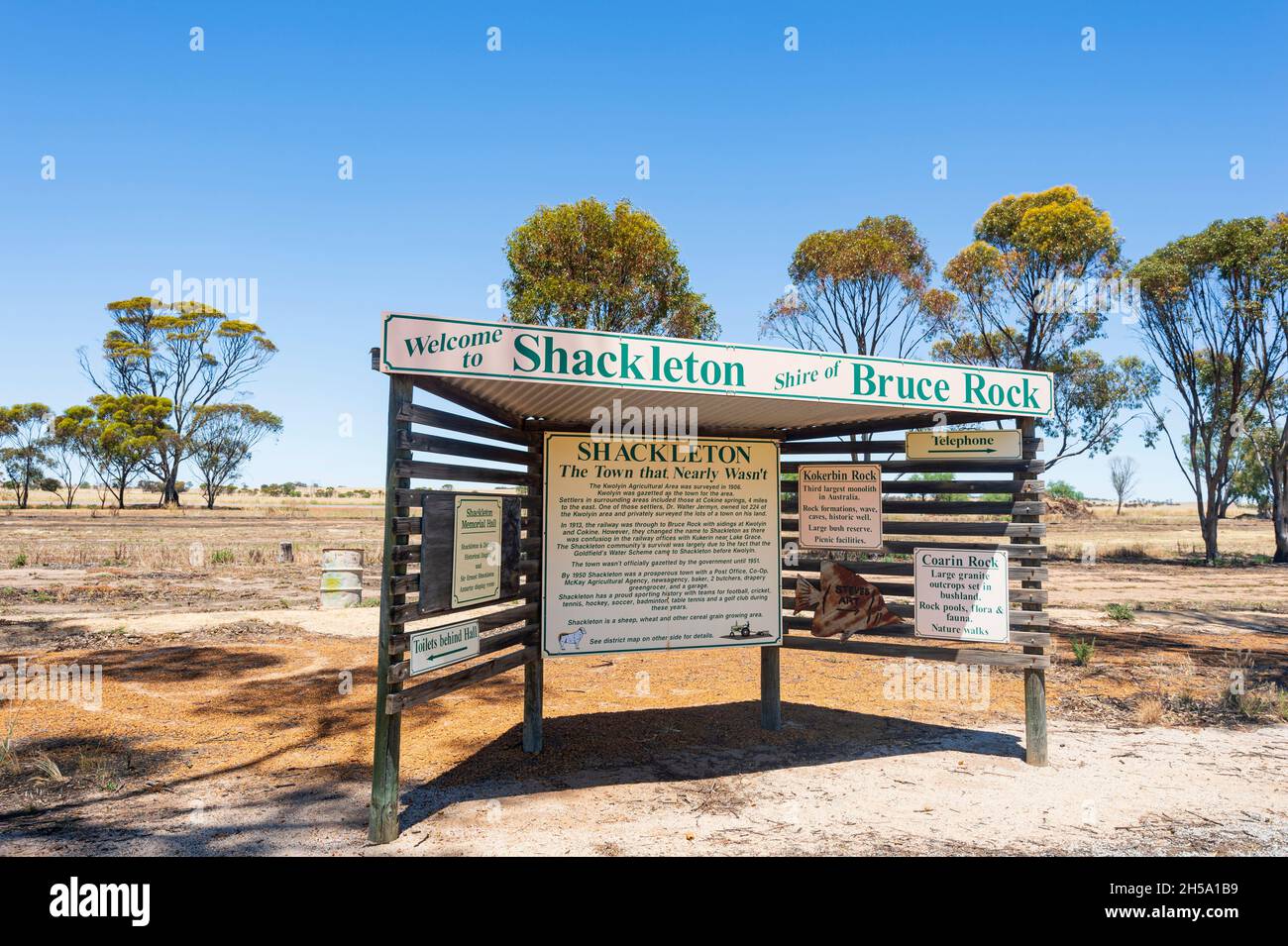 Touristeninformation in der kleinen ländlichen Stadt Shackleton, Wheatbelt Region, Western Australia, WA, Australien Stockfoto