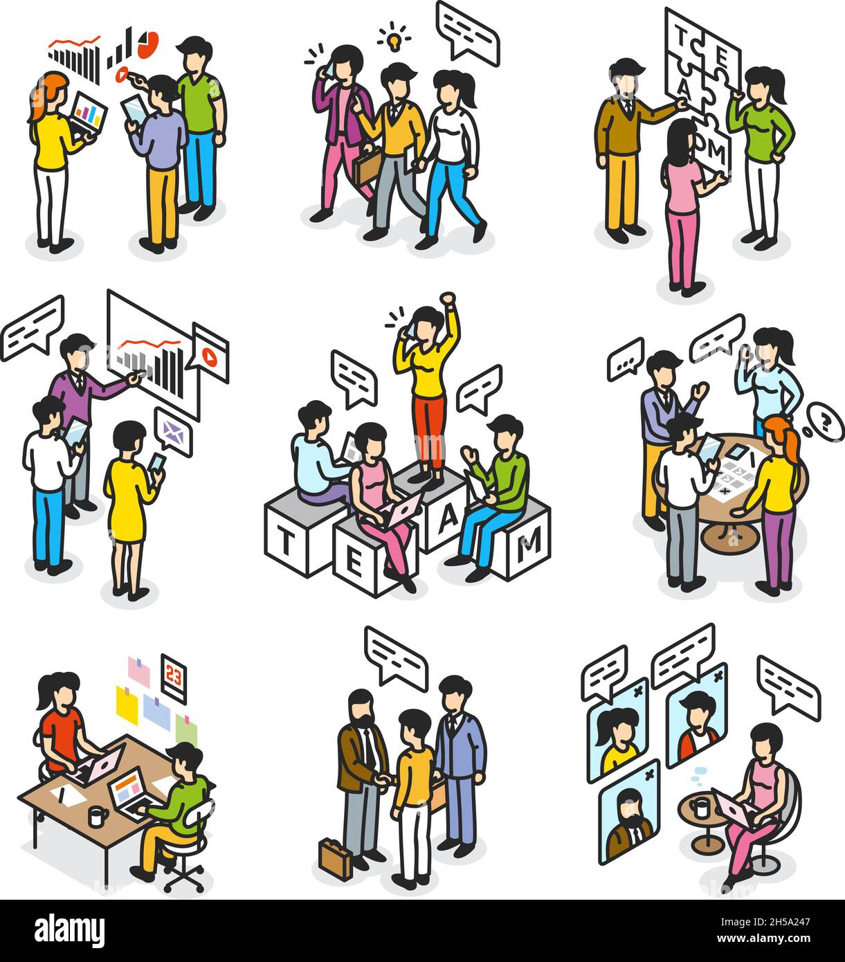 Isometrische Teamarbeit im Unternehmen. Gemeinsames Projekt, Finanzierungsberatungsvereinbarung. Handshakes von Führungskräften und Partnern. Aufgeräumter Vektor-Finanzsatz Stock Vektor