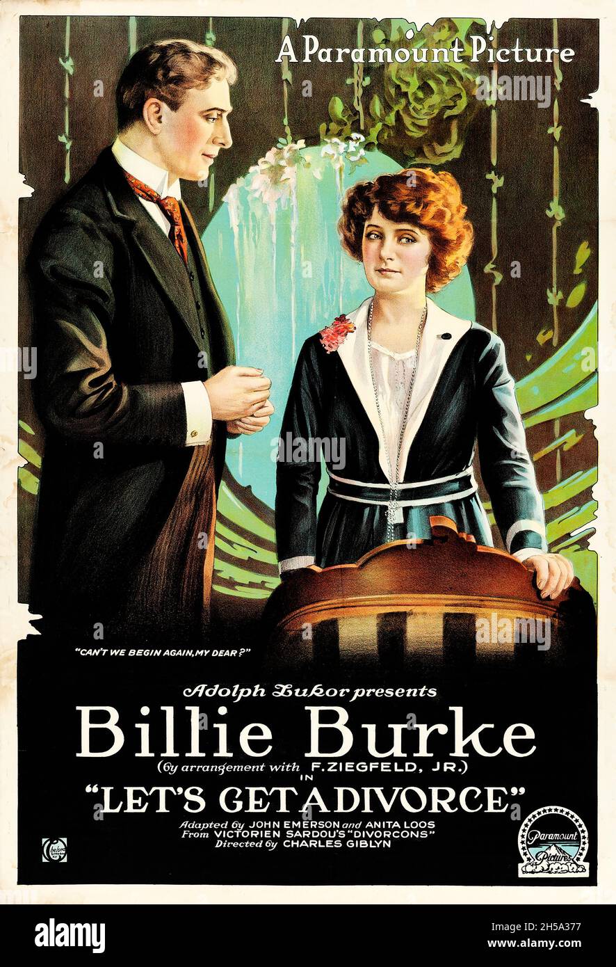 Vintage-Filmplakat für den Film Let's get a Divorce feat 1918. Billie Burke. Präsentiert von Adolph Zukor. Stockfoto