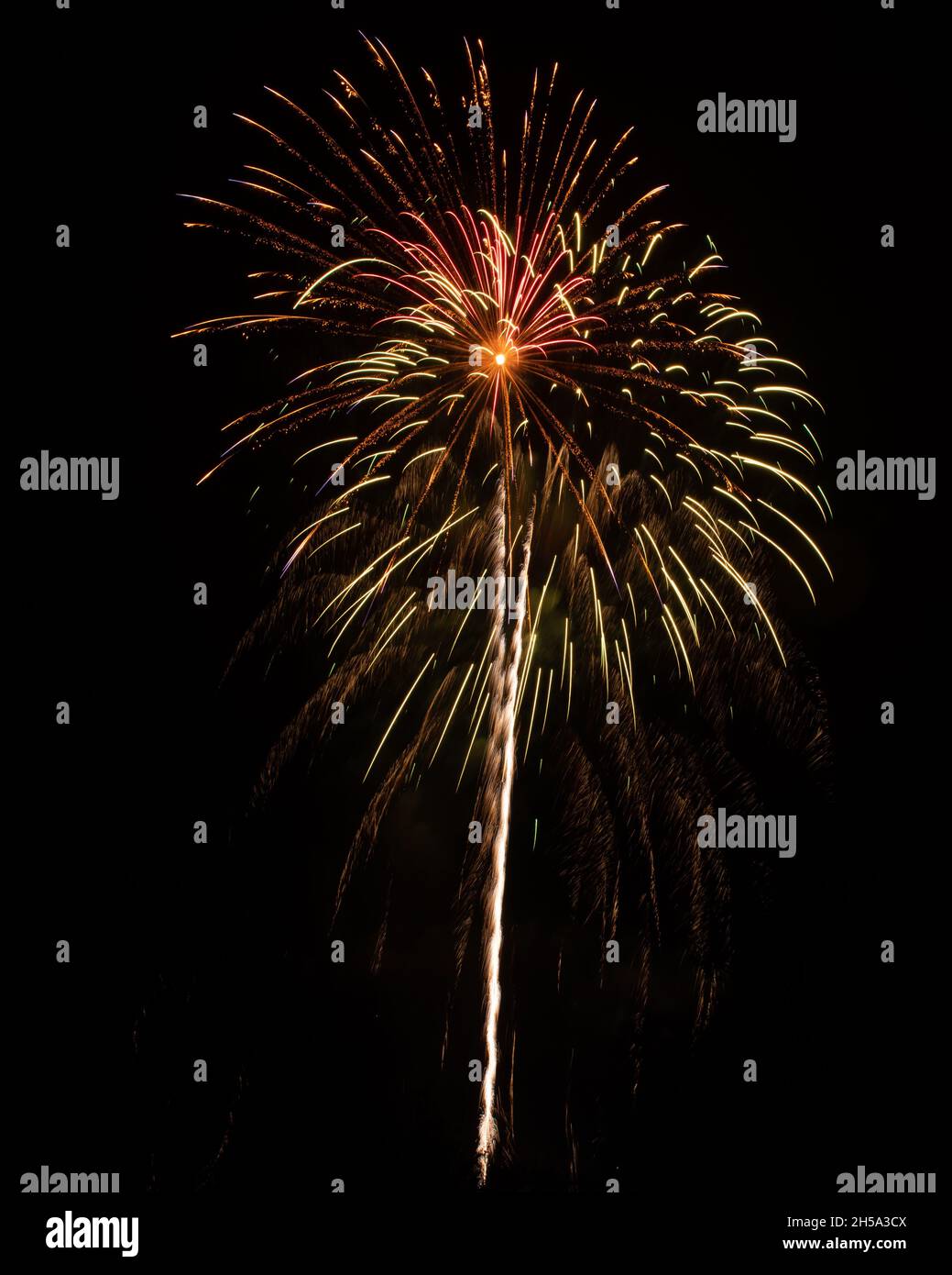 Portrait Orientierung explodierende Feuerwerk-Raketen in der Nacht. Feier, 5. November. Stockfoto