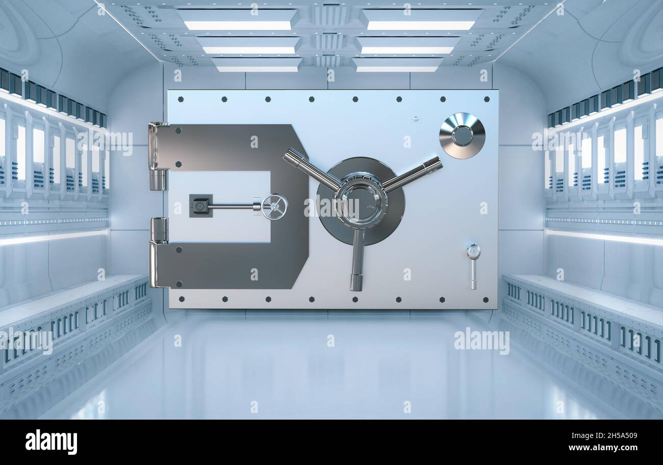 3d-Rendering-Raum Innenraum mit Bank Tresortür schließen für Sicherheit Stockfoto