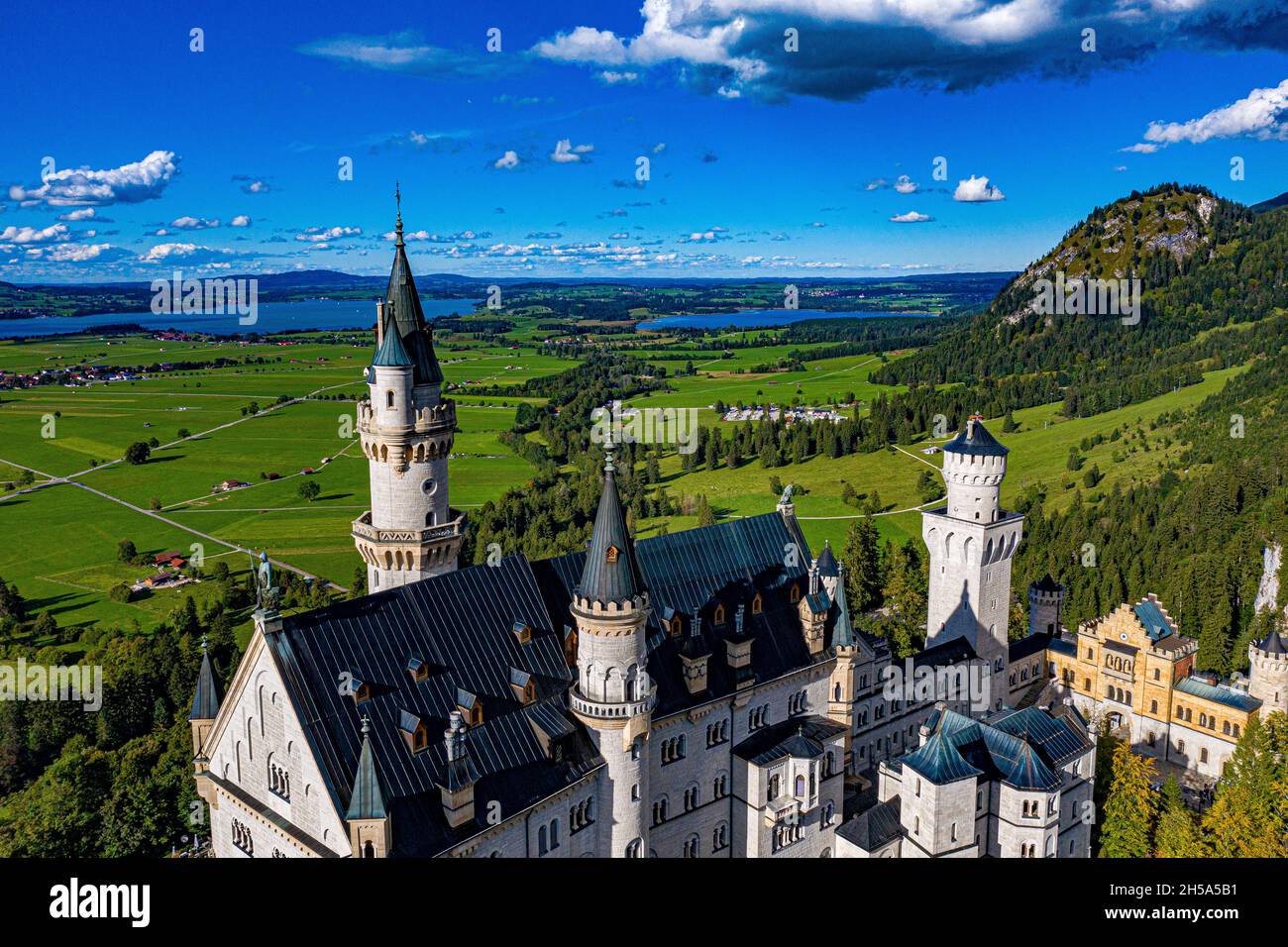 Schloss Neuschwanstein aus der Luft | Luftaufnahmen von Schloss Neuschwanstein Stockfoto