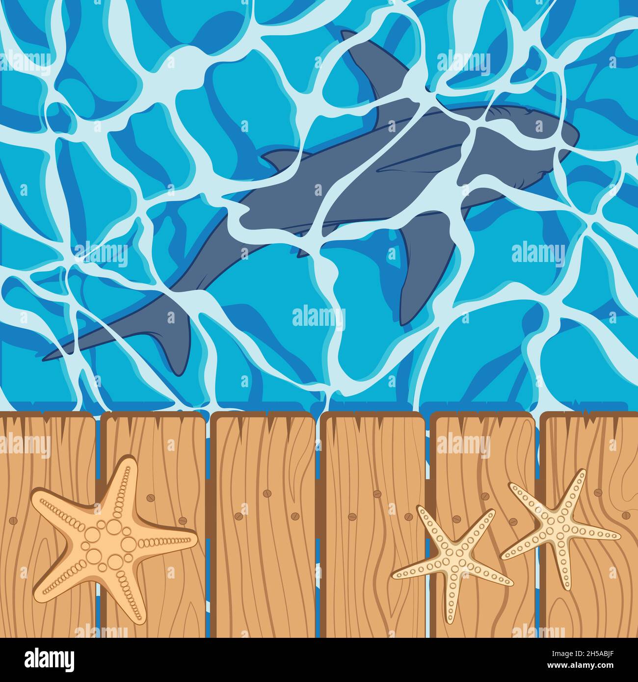 Marine Farbe Hintergrund mit großen weißen Hai und Seesterne. Sommer Vektor Strand Hintergrund. Stock Vektor