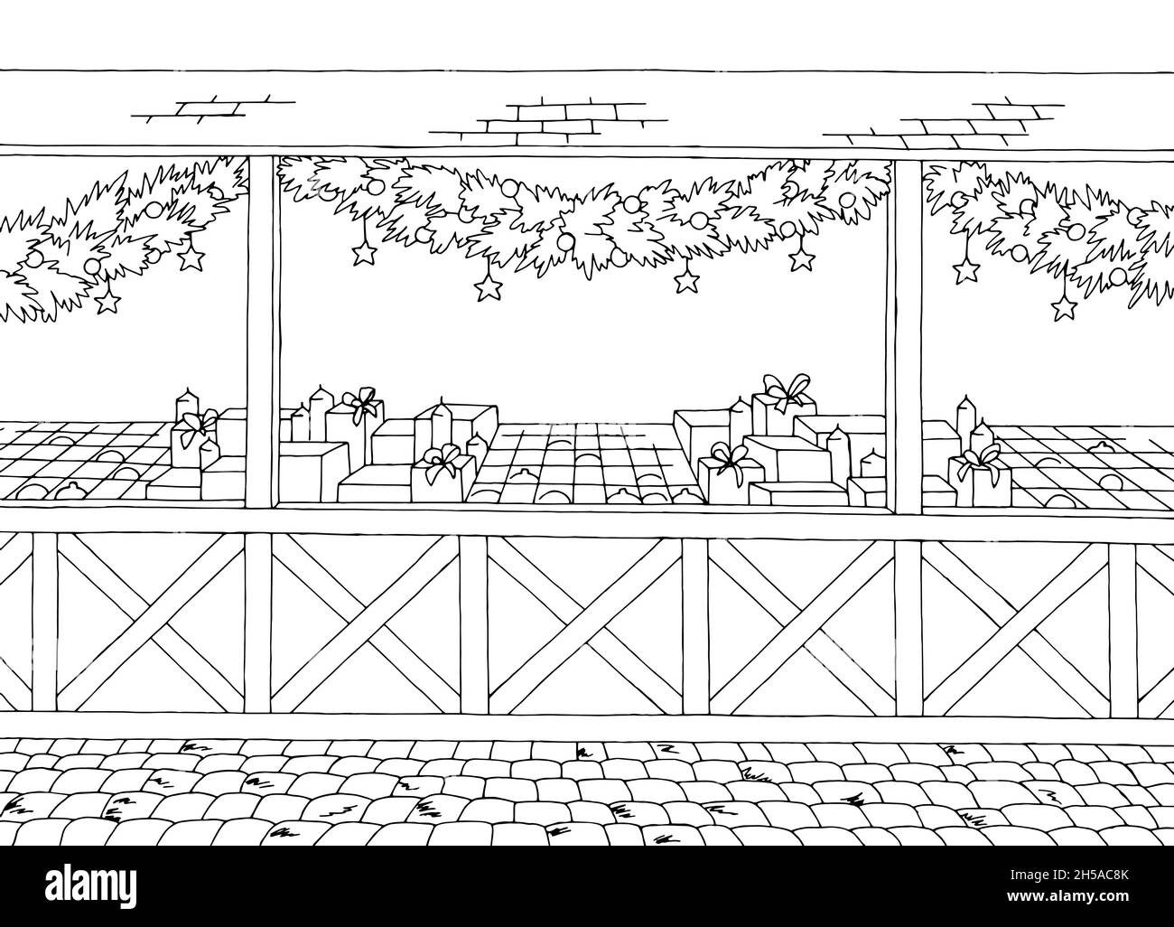 Weihnachten Messe Straßengrafik schwarz weiß Landschaft Skizze Illustration Vektor Stock Vektor Weihnachten Messe Straßengrafik schwarz weiß Landschaft Skizze Illustration Vektor Stock Vektor