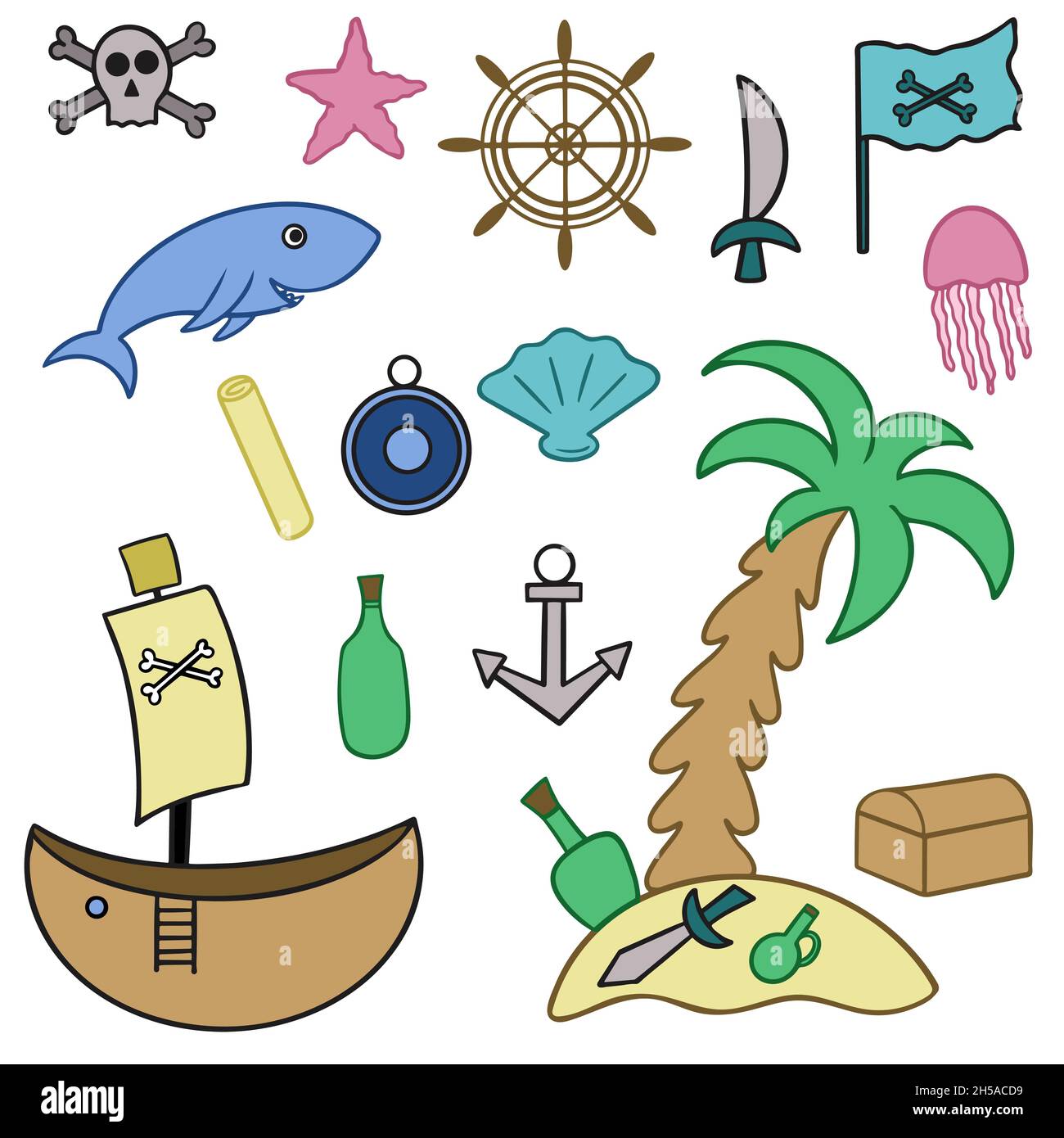 Piratenbündel Handzeichnung, Vektorgrafik. Sammlung mit einem Schiff, einer Ankerkiste und Meereslebewesen. Doodle Set Seeubber. Stock Vektor