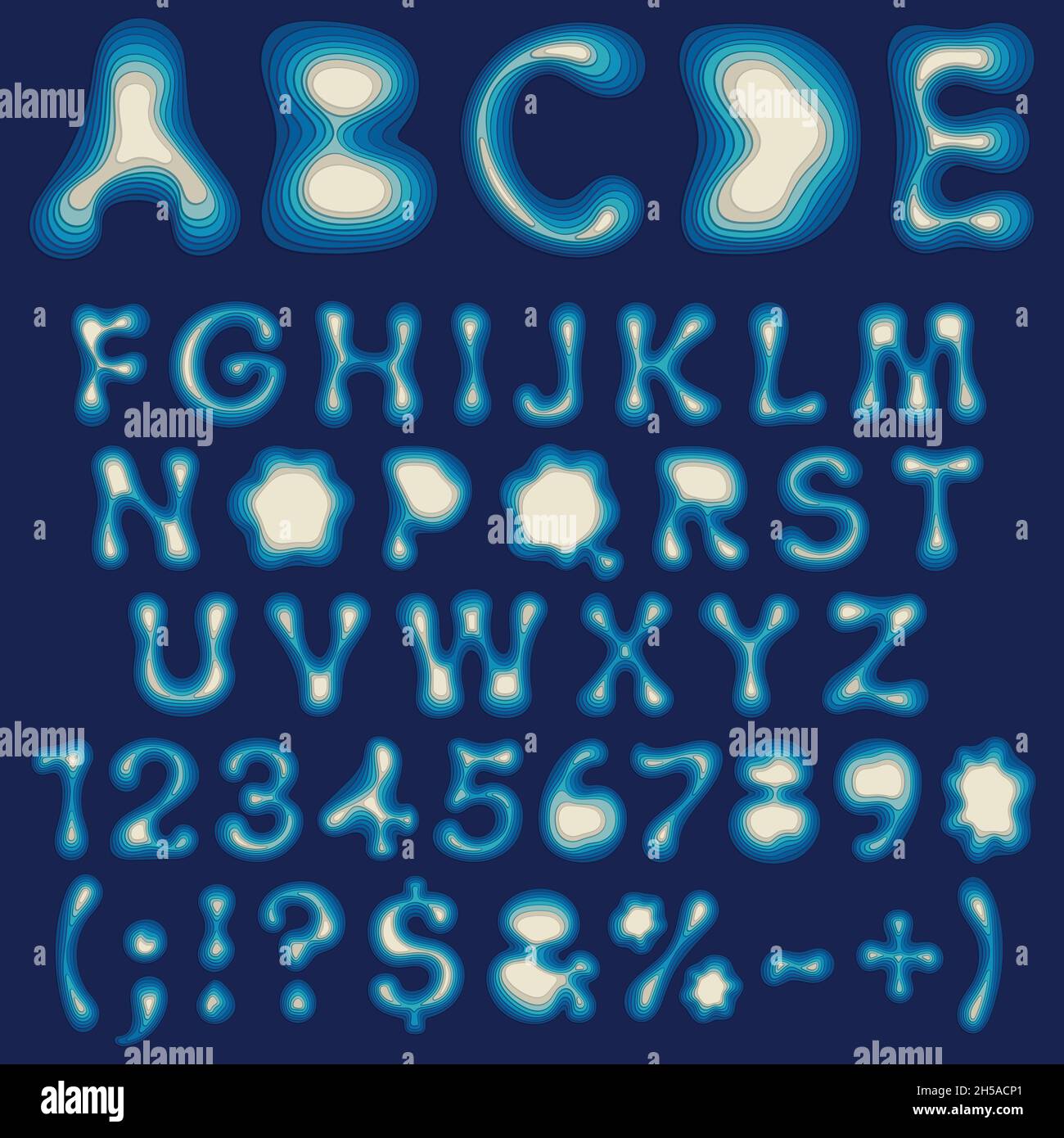 Farbalphabet, Buchstaben und Zahlen aus Ebenen. Satz isolierter Vektorobjekte. Stock Vektor