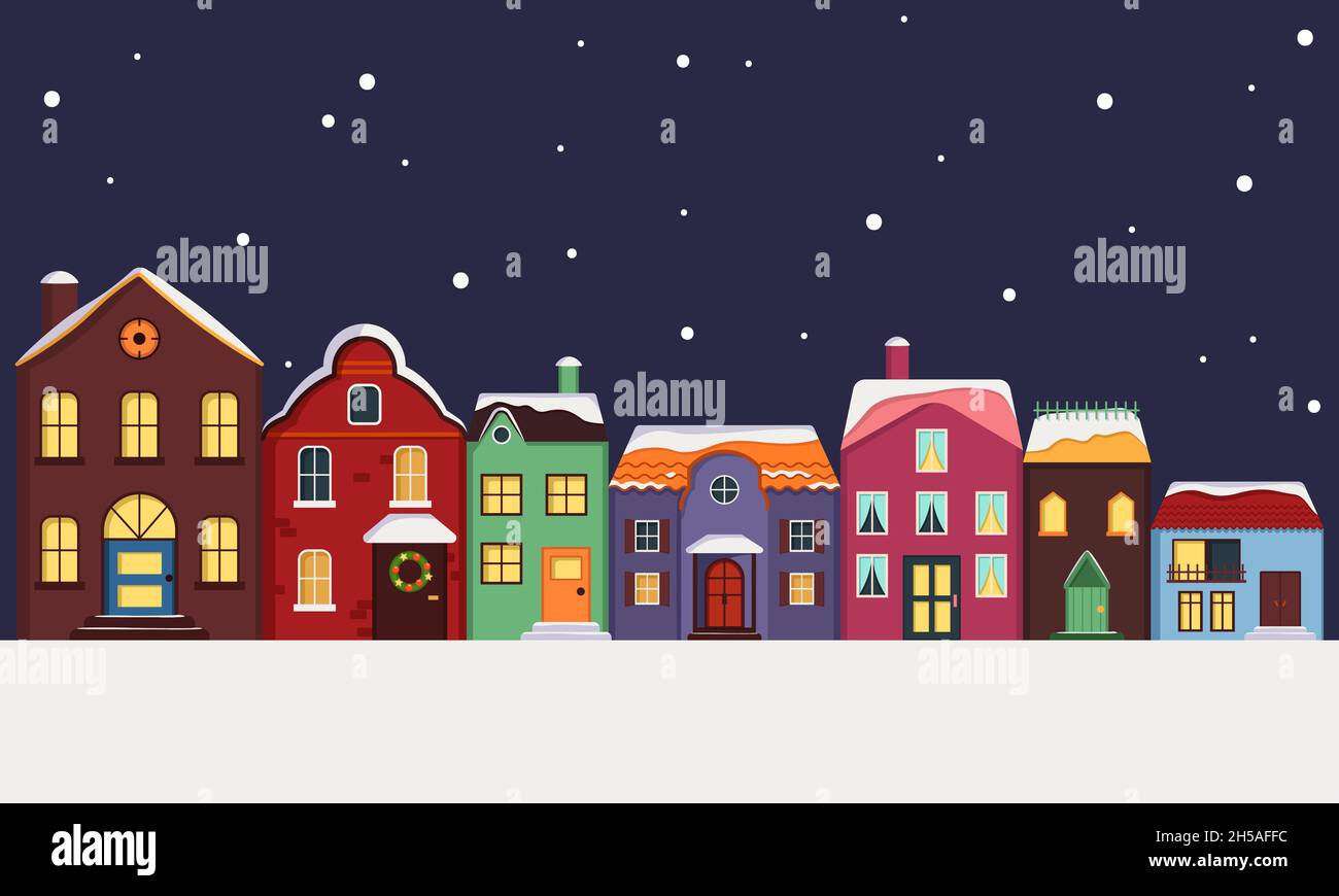 Stadtstraße mit hellen bunten Häusern mit schneebedecktem Dach, Licht in den Fenstern und Schneeflocken im Hintergrund. Fröhliche Weihnachtsdekorationen für Neujahr und Weihnachten. Winter- und festliche Elemente Stock Vektor