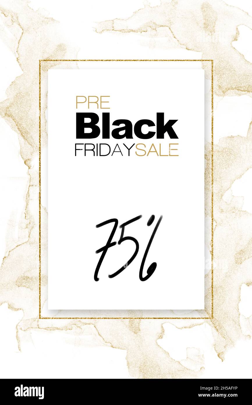 Angebot „Black Friday“. Kreatives Design mit Marmoreffekt und goldenem Glitzerrahmen mit 75 % Rabatt. Firmenwerbung, Flyer, Karte, Poster Stockfoto