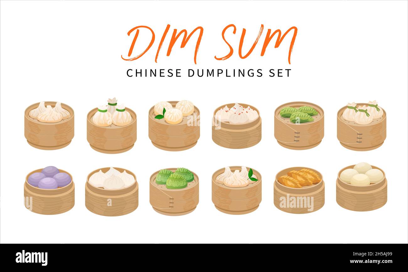 Set isolierter Dim Sum Knödel in Bambuskörben. Vektor-Illustrationen von asiatischen chinesischen Gerichten isoliert auf weißem Hintergrund Stock Vektor