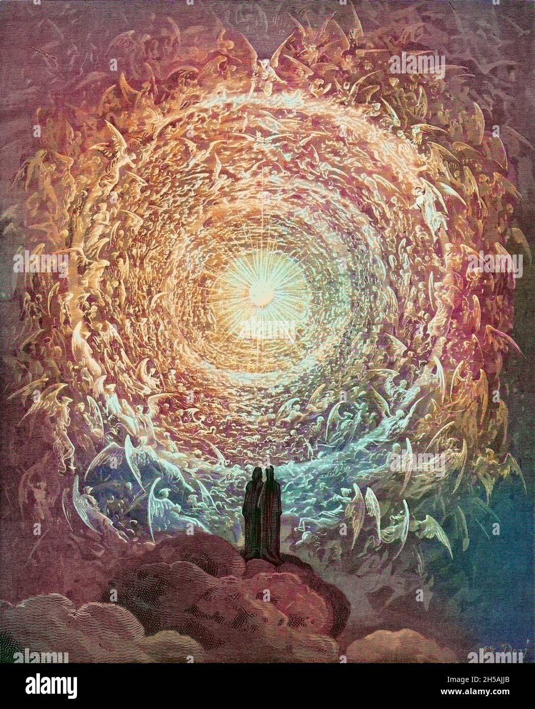 Dante und Beatrice blicken auf den höchsten Himmel Paradiso ("Paradies" oder "Himmel") ist der dritte und letzte Teil von Dantes Göttlicher Komödie, der dem Inferno und dem Purgatorio folgt. Es ist eine Allegorie, die von der Reise Dantes durch den Himmel erzählt, geleitet von Beatrice, die Theologie symbolisiert. In dem Gedicht wird das Paradies als eine Reihe konzentrischer Sphären dargestellt, die die Erde umgeben, bestehend aus Mond, Merkur, Venus, Sonne, Mars, Jupiter, Saturn, die Fixed Stars, das Primum Mobile und schließlich der Empyrean. Es wurde im frühen 14. Jahrhundert geschrieben. Allegorisch, das Gedicht repre Stockfoto