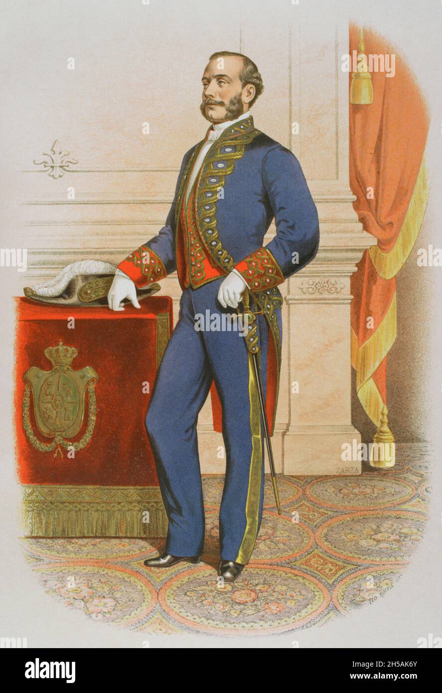 Der Minister der spanischen Krone trägt eine Uniform. Chromolithographie. 'Historia de las Ordenes de Caballería y de las Condecoraciones Españolas'. Madrid, 1865. Spanien. Stockfoto