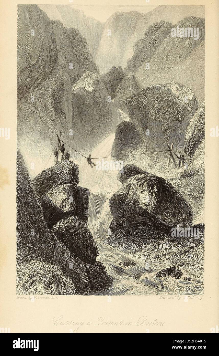 CROSSING A TORRENT IN BOOTAN, [Bhutan] aus dem Buch "The Oriental Annual, Or, Lives of the Moghul Emperors" von The Rev. Hobart Caunter Herausgegeben von Edward Bull, London 1837 Stiche aus Zeichnungen von William Daniell Stockfoto