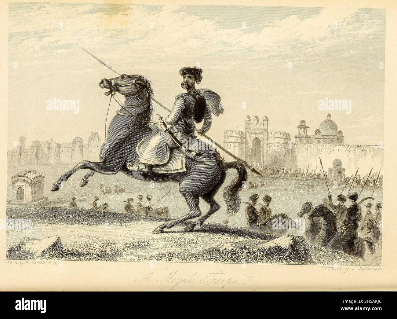 Ein MOGUL-TROOPER zu Pferd aus dem Buch "The Oriental Annual, or, Lives of the Moghul Emperors" von Rev. Hobart Caunter Herausgegeben von Edward Bull, London 1837 Stiche nach Zeichnungen von William Daniell Stockfoto