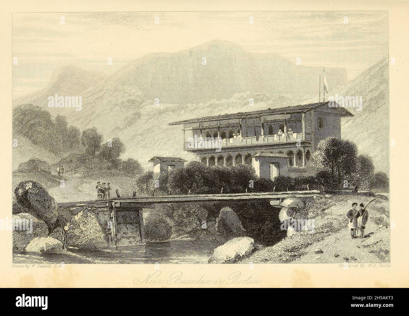 IN DER NÄHE von BUXADUWAR, BOOTAN [Bhutan] aus dem Buch „The Oriental Annual, Or, Lives of the Moghul Emperors“ von Rev. Hobart Caunter Herausgegeben von Edward Bull, London 1837 Stiche nach Zeichnungen von William Daniell Stockfoto