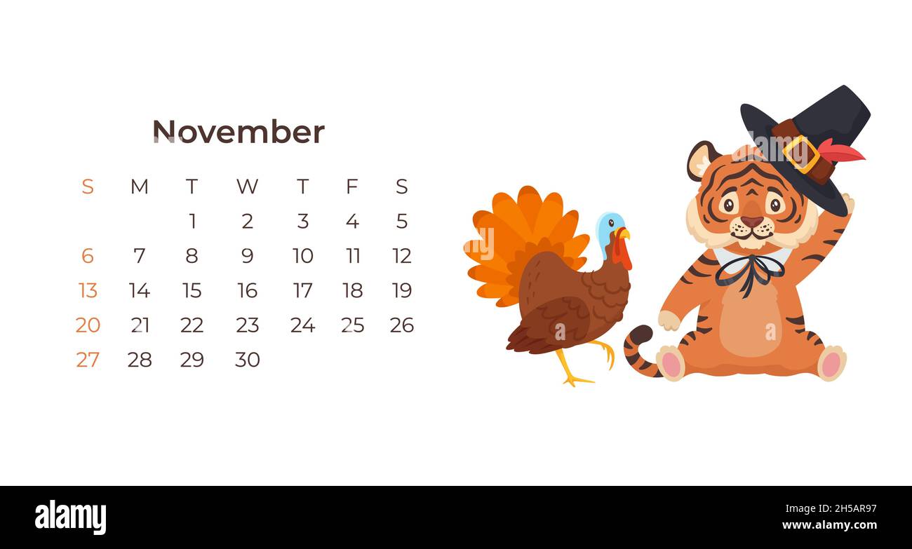 Niedliche Cartoon Tiger November 2022 Kalender horizontale Vorlage. Stock Vektor