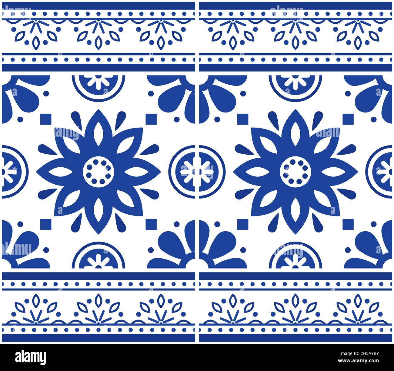 Portuguese Azulejo Fliesen nahtlose Vektor-Blumenmuster mit Rahmen oder Grenze - dekorative Fliesen Retro-Design mit Blumen in marineblau Stock Vektor