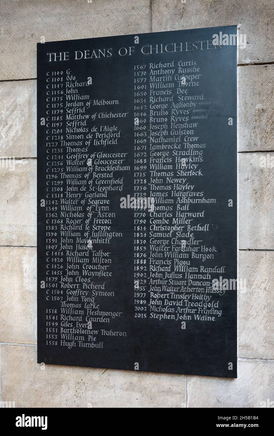 Wandtafel mit Liste der Deans of Chichester in Chichester Cathedral, Chichester, Großbritannien. Mit Dank an den Dekan und das Kapitel der Chichester Kathedrale. Stockfoto