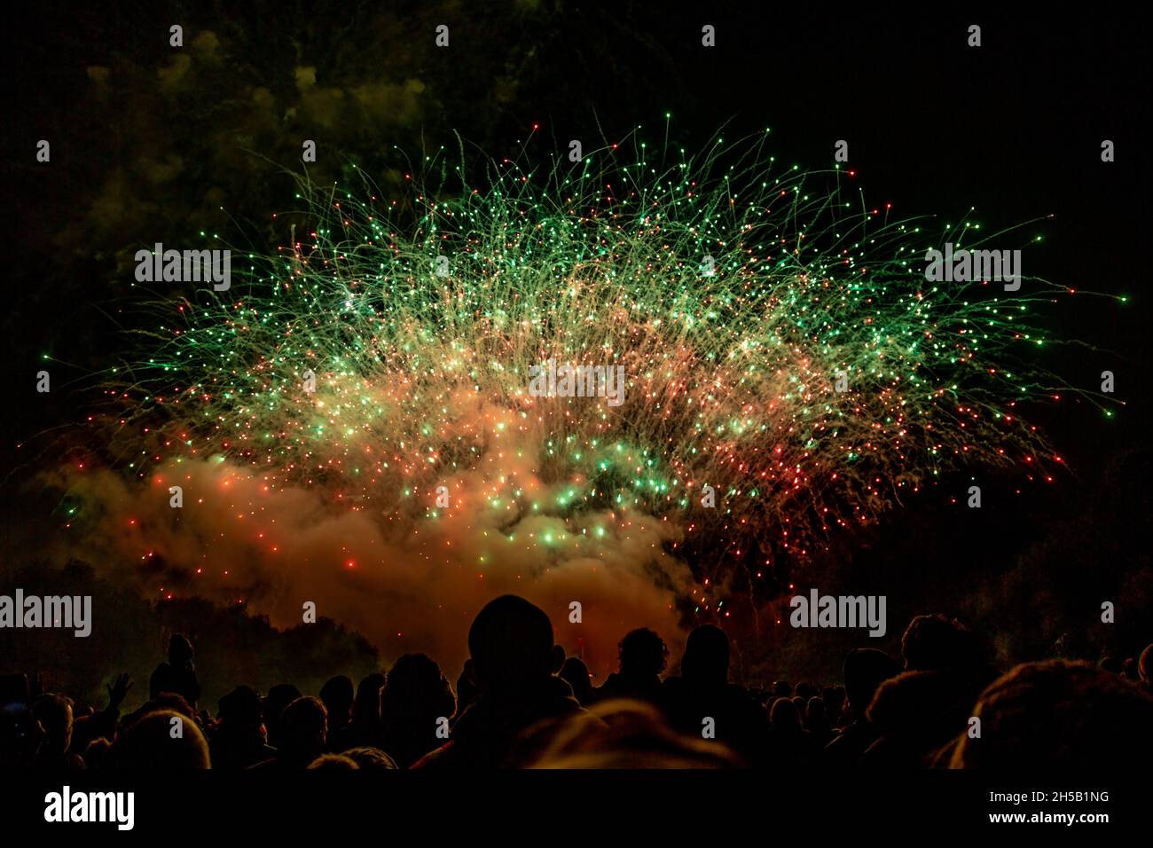 Menschen, die ein Feuerwerk sahen, wurden mit Silhouetten dargestellt Stockfoto