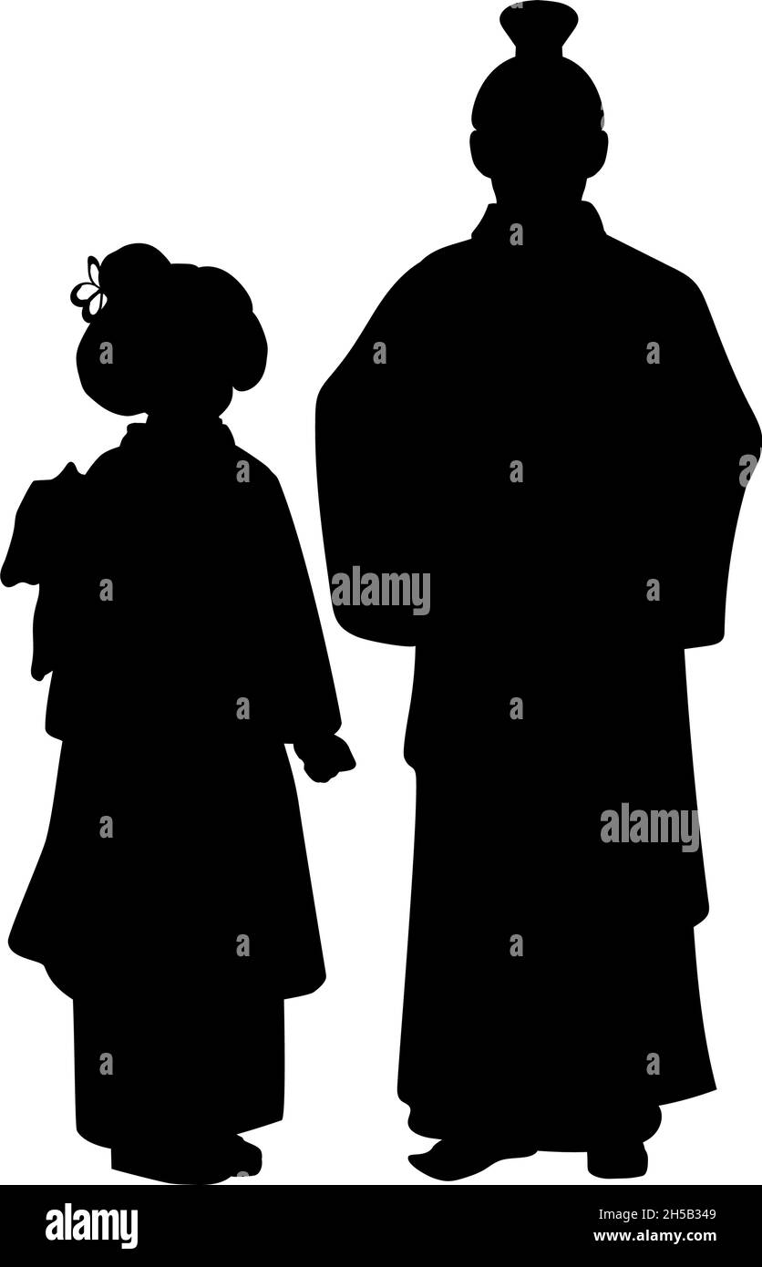 Silhouette von Vater und Tochter in nationaler asiatischer Tracht. Stock Vektor