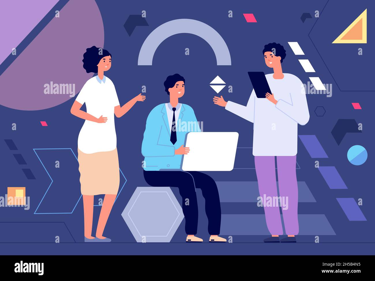 Zusammenarbeit kreative Menschen. Abstraktes kooperatives Startup, Schöpfer arbeiten im Studio. Glücklich Cartoon Männer, Team-Geschäft zusammenarbeiten, Utter Vektor-Konzept Stock Vektor