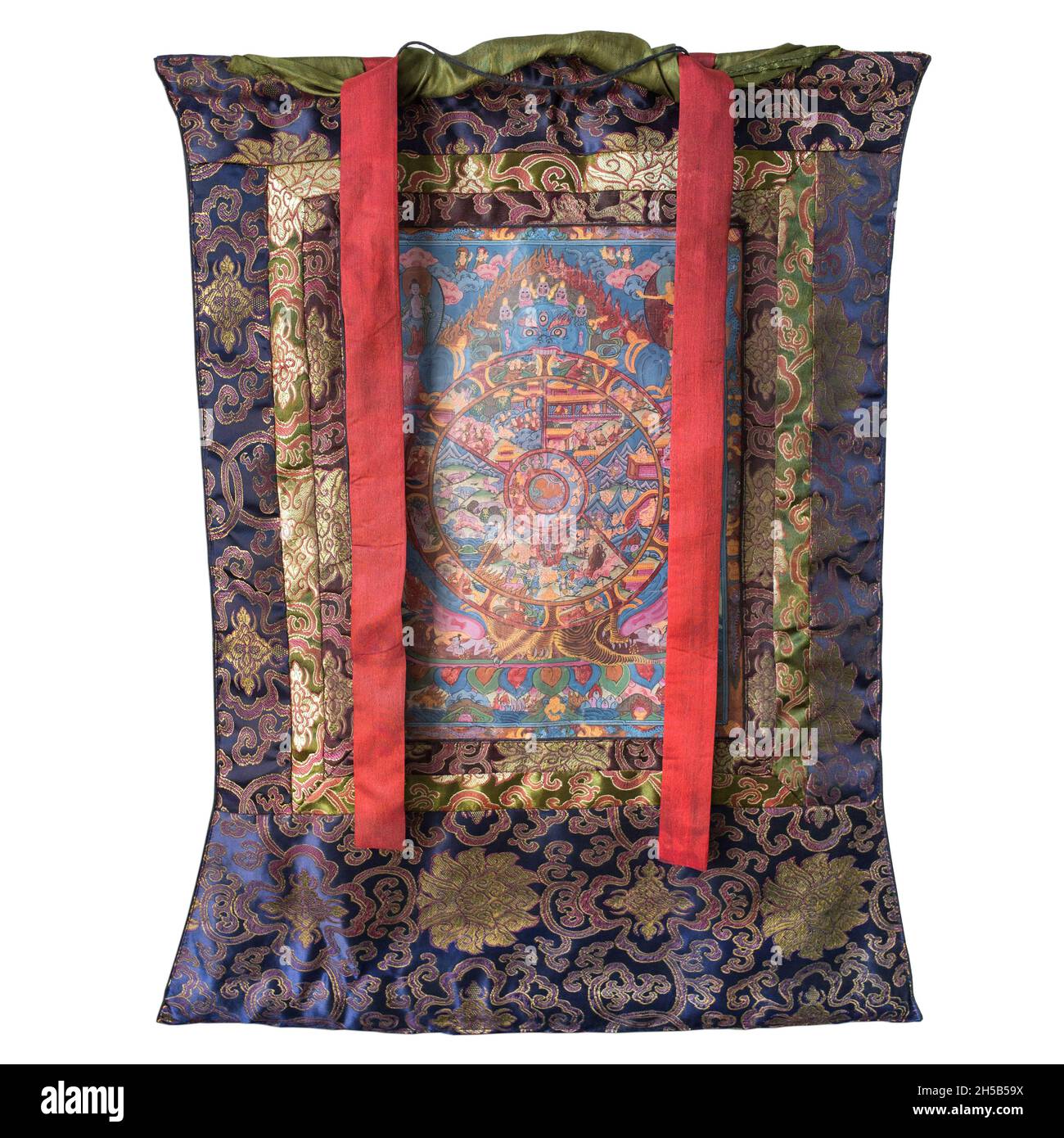 Tibetische Bhavacakra Thangka Mit Seidenbrokathalterung. Buddhistisches Rad des Lebens. 66×54 cm Stockfoto