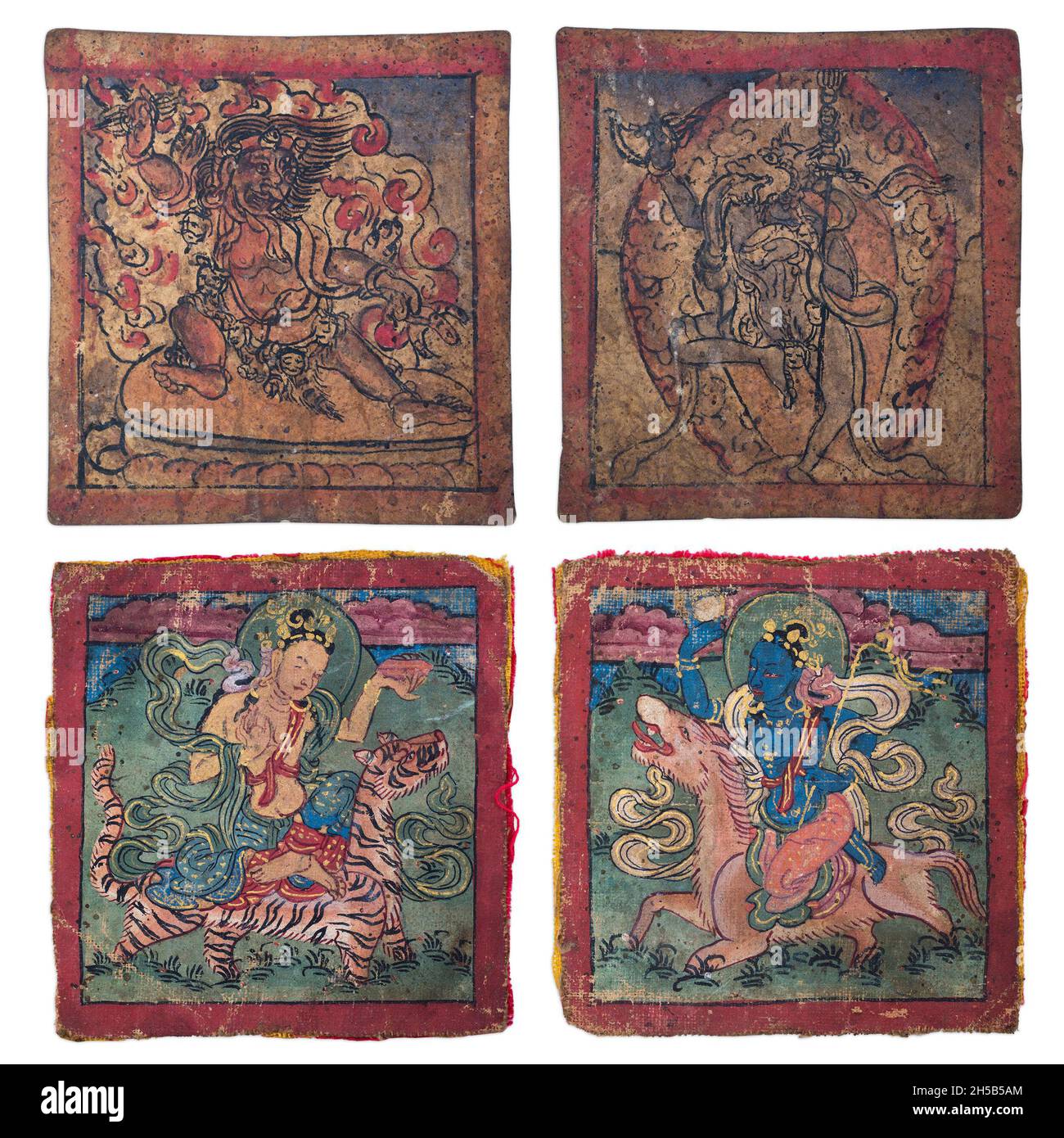 Vier antike mongolische oder tibetisch-buddhistische Tsakli-Initiationskarten. 19. Jahrhundert Stockfoto