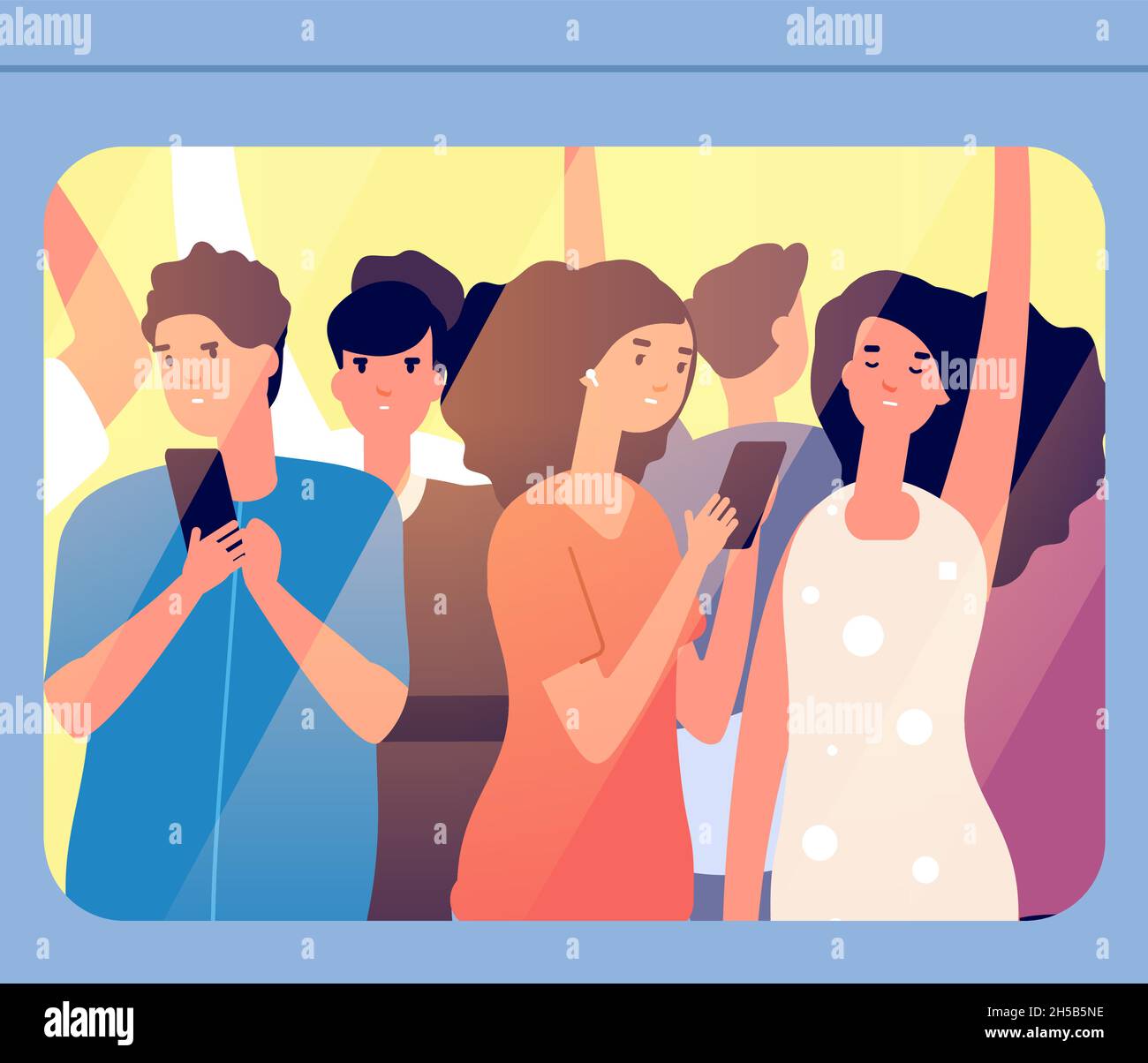 Hauptverkehrszeit in der U-Bahn. Leute, die sich im Zugfenster drängen, gehen zur Arbeit oder von der Arbeit. Müde Männer Frauen, Kerl verwenden Gadget und müde weiblich. Verstörte Vektorzeichen Stock Vektor