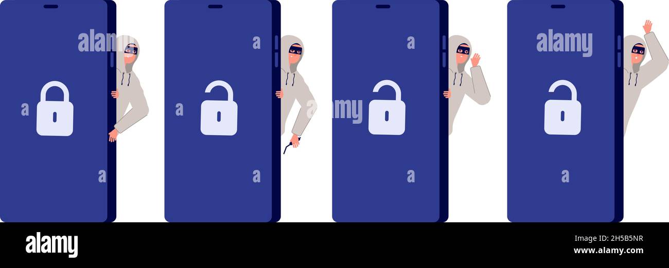 Dieb-Charakter. Internet-Diebstahl, Hacker-Phishing-Informationen. Internet Cyber Einbrecher Betrug, totale flache kriminelle Räuber in Maske Peeping Vektor-Konzept Stock Vektor