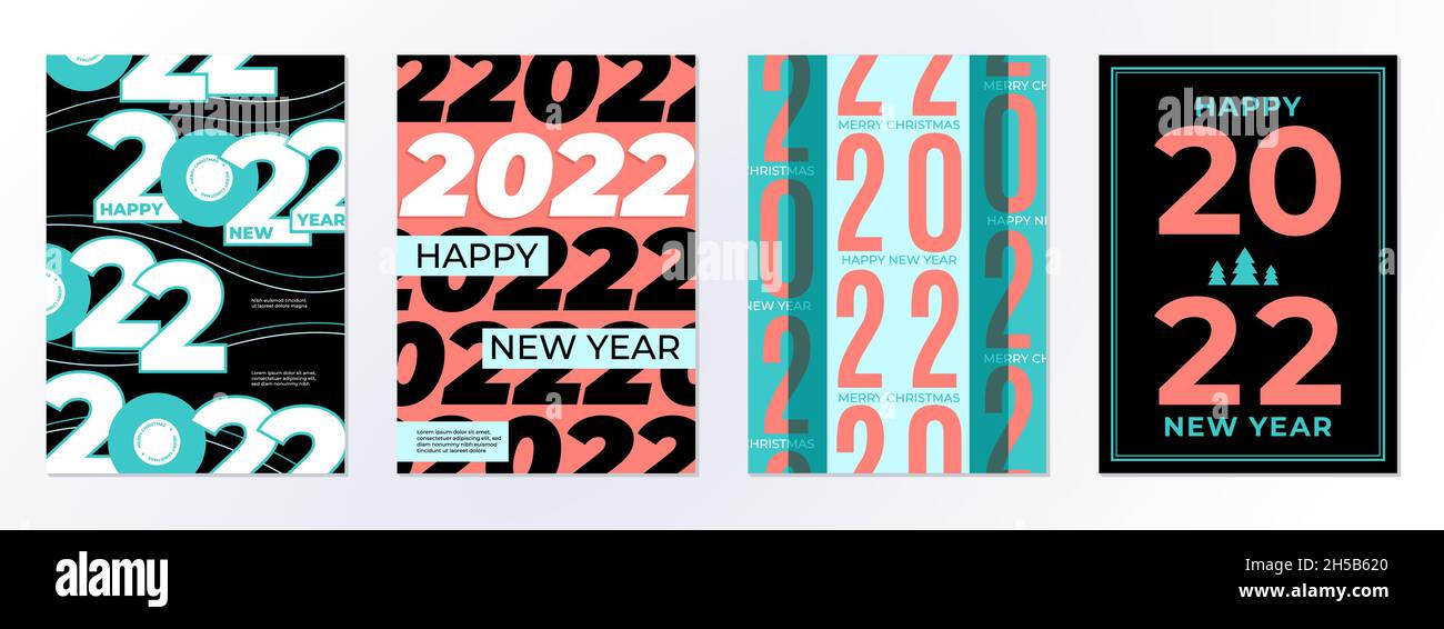 Poster 2022 Design. Frohes neues Jahr 22, Kalender Deckblatt Vorlage. Branding-Business-Broschüren, minimale Grußkarten mit Zahlen aktuellen Vektor-Set Stock Vektor