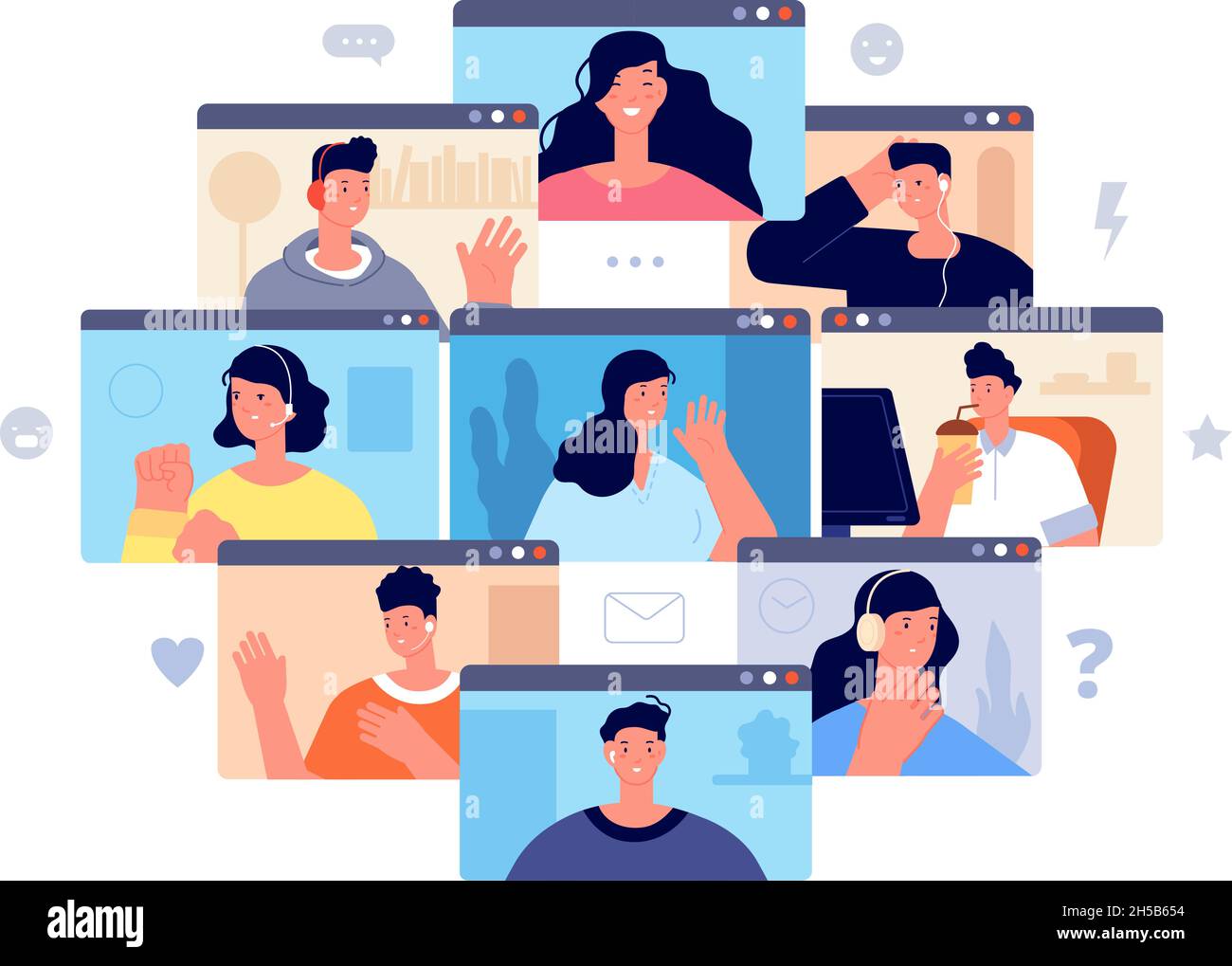Videoanruf-Konzept. Virtuelle Nachrichten, Konferenz Arbeitsmobilität. Online-Chat-Kommunikation bei Meetings. „People Networking“-Vektorset Stock Vektor
