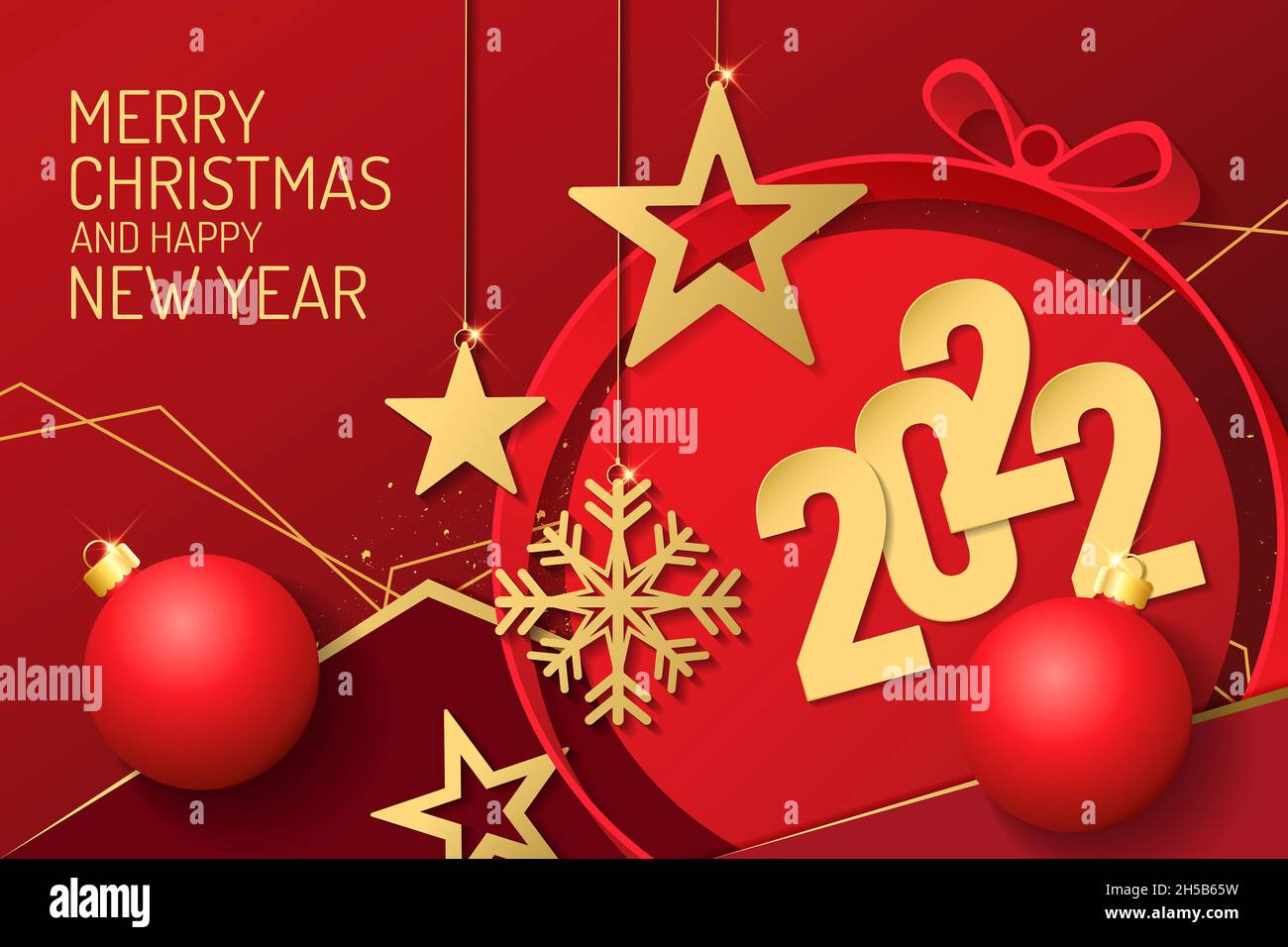 weihnachten und glückliches neues Jahr 2022 auf rotem Hintergrund mit festlicher Dekoration. Banner-Vektor-Design Stockfoto