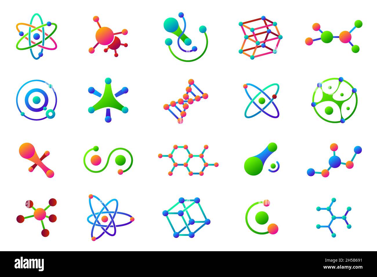 Verbundene Moleküle. Struktur Molekül, Logo medizinische Wissenschaft. Isolierte chemische Symbole, Technologie-Logo. Bunte Bio-Vektor-Symbole der letzten Zeit Stock Vektor