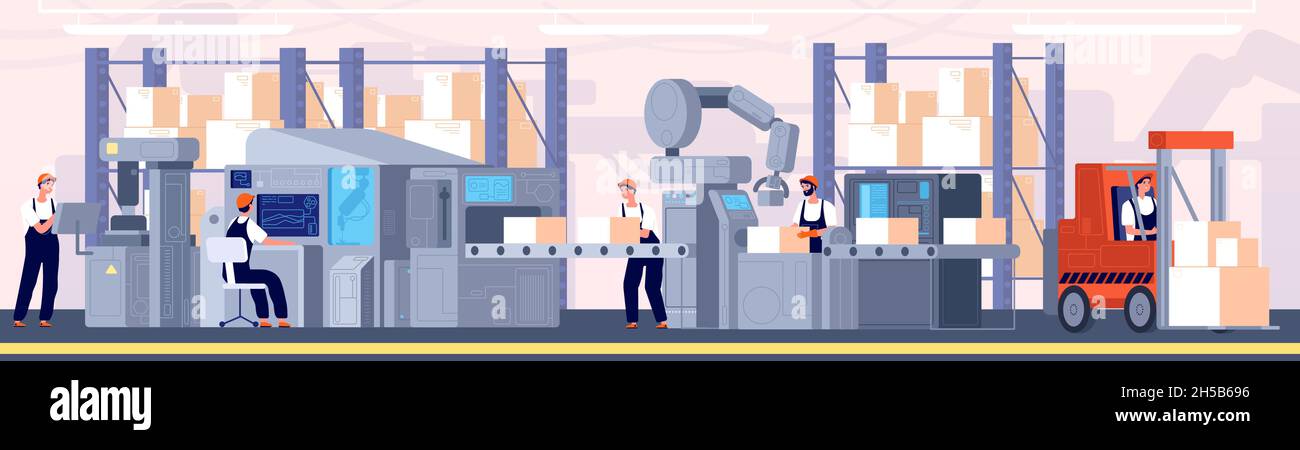 Intelligente Fabrik. Industriebeaufsichtsbehörde, Produktionsprozess. Lagermaschinenbediener, Automationsmontage Utter Vektor-Konzept Stock Vektor